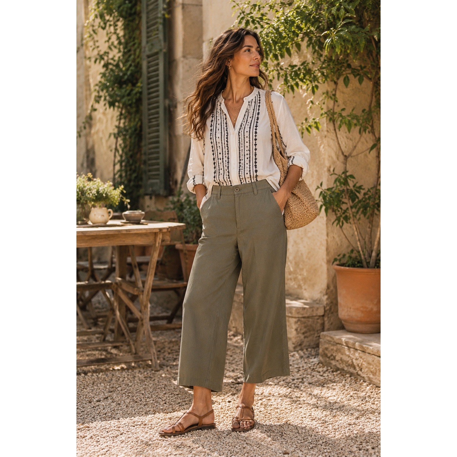 Nwt Amadi Wide Leg Crop Chino Women M Twig Green Tencel Organic Cotton Usa
